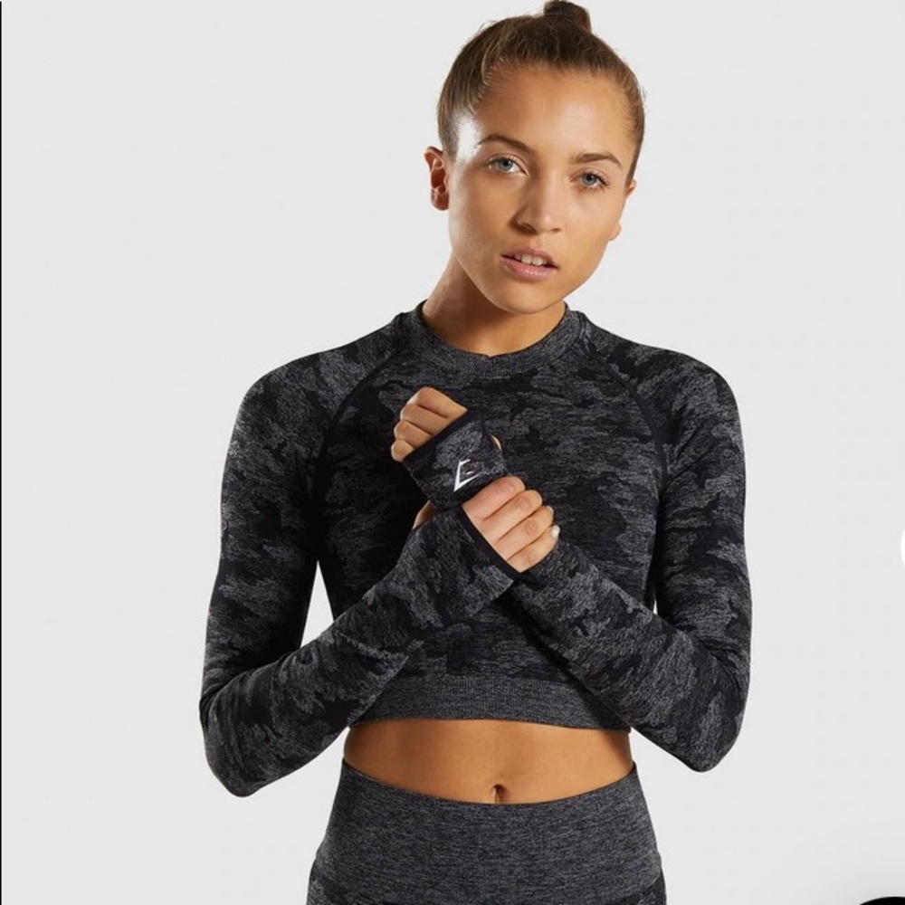 Gymshark Camo Seamless Long Sleeve Crop Top - Black